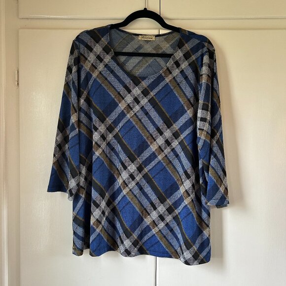 Blue Plaid Scoop Neck 3/4 Sleeve Top by Brochure-Size 1X - Picture 1 of 8